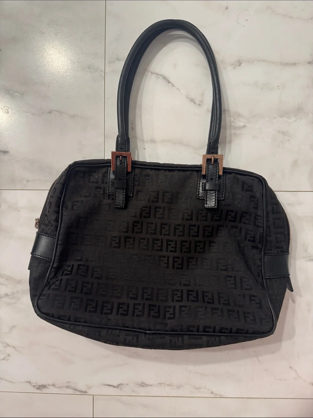 Fendi Black Zucca Shoulder Bag with Leather Trim Vintage